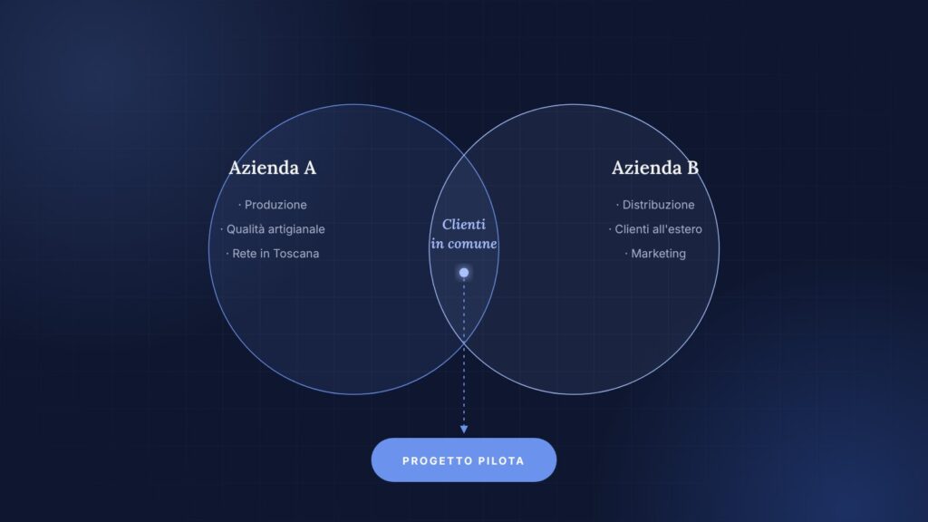 Schema di due aziende affini messe in contatto, con le competenze complementari che si incontrano