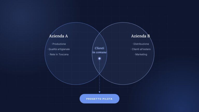 Schema di due aziende affini messe in contatto, con le competenze complementari che si incontrano