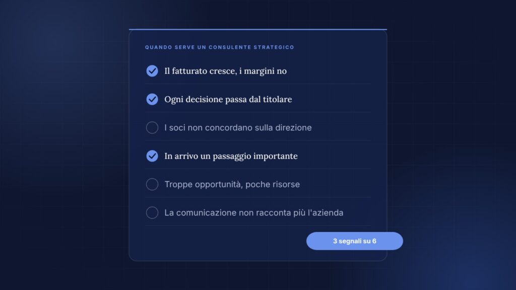 Lista di controllo con i segnali che indicano quando un'azienda ha bisogno di un consulente strategico